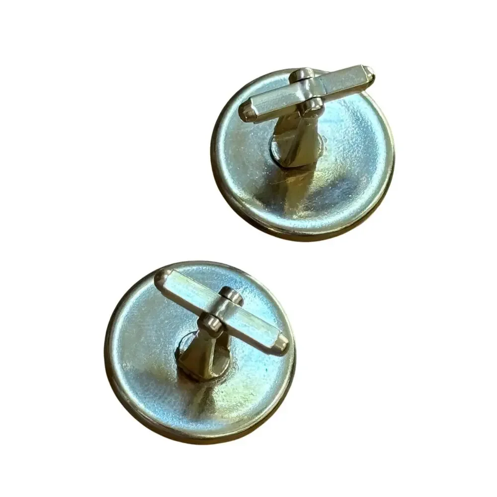 Vintage mid century chunky silver & white button style cufflinks rounds classic